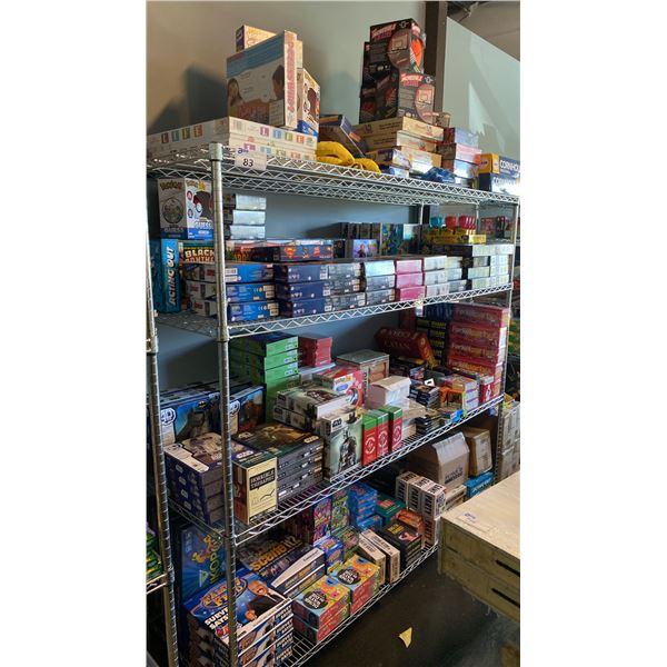 ULINE 4 TIER SHELVING UNIT WITH ASSORTED GAMES, PUZZLES, KIDS TOYS