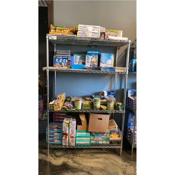 ULINE 4 TIER SHELVING UNIT WITH ASSORTED STATIONERY ITEMS, CRAYOLA SETS, COLOURING BOOKS & MORE