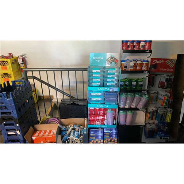 LARGE GROUP OF ASSORTED ITEMS- SISTEMA FOOD CONTAINERS, WATER BOTTLES, PENS, MARKERS