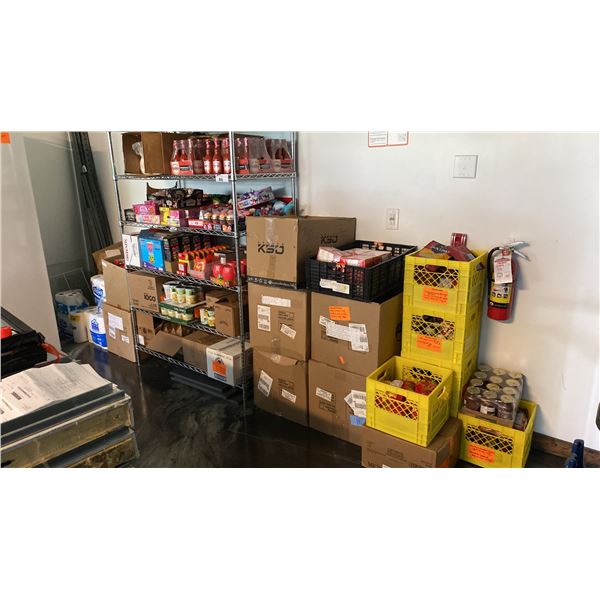 ULINE 6 TIER SHELVING UNIT WITH ASSORTED ITEMS- CANNED GOODS, CONDIMENTS, SPICES, TEA, CANDY, TOYS &