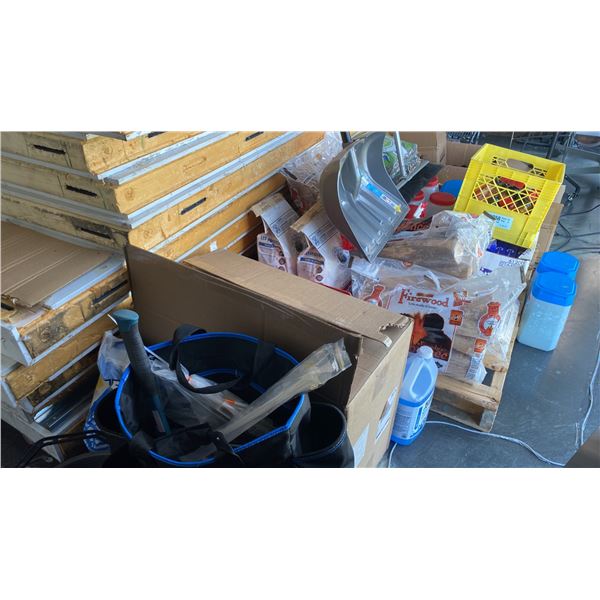LARGE GROUP OF ASSORTED ITEMS- ICE MELT, BIRD FOOD, FIREWOOD, NECK PILLOWS, TOOL BELT, FIRE STARTER