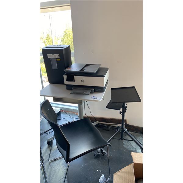 HP OFFICEJET 8015E PRINTER, SMALL WHITE ADJUSTABLE HEIGHT DESK, PAPER SHREDDER, MOBILE ADJUSTABLE