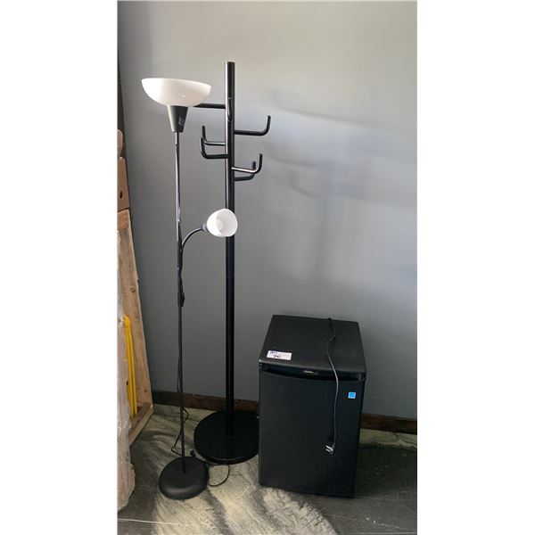 DANBY SMALL BLACK BAR FRIDGE, COAT TREE & FLOOR LAMP