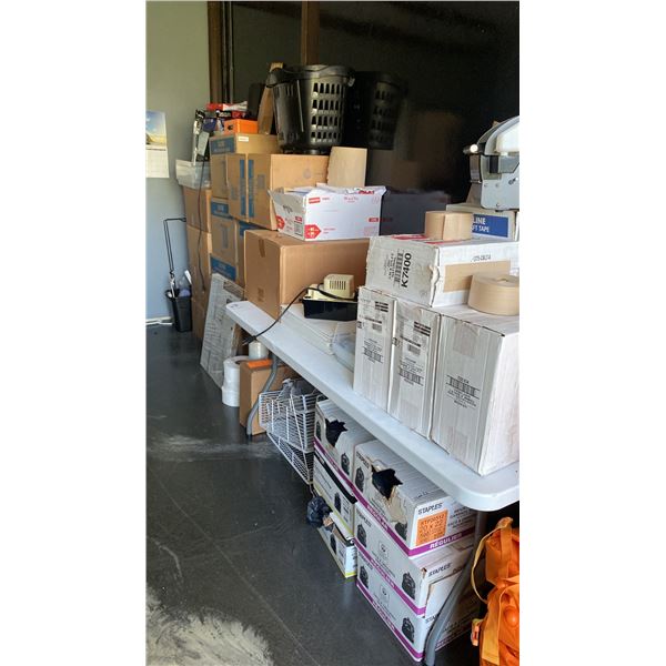 LARGE GROUP OF PAPER SHOPPING BAGS, PRINTER, LED LIGHT, GARBAGE BAGS, FOLDING TABLE, WATER