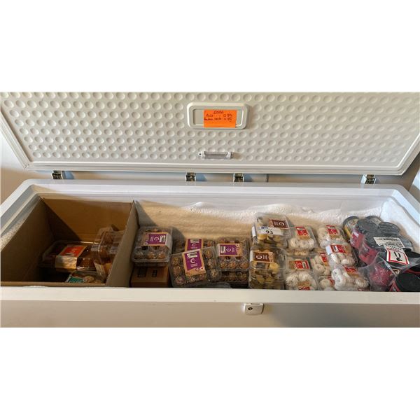 CONTENTS OF 3 FREEZERS -BEEF STEAKS, GROUND BEEF, CHICKEN THIGHS, BAKED GOODS, ICE CREAM, PIES,