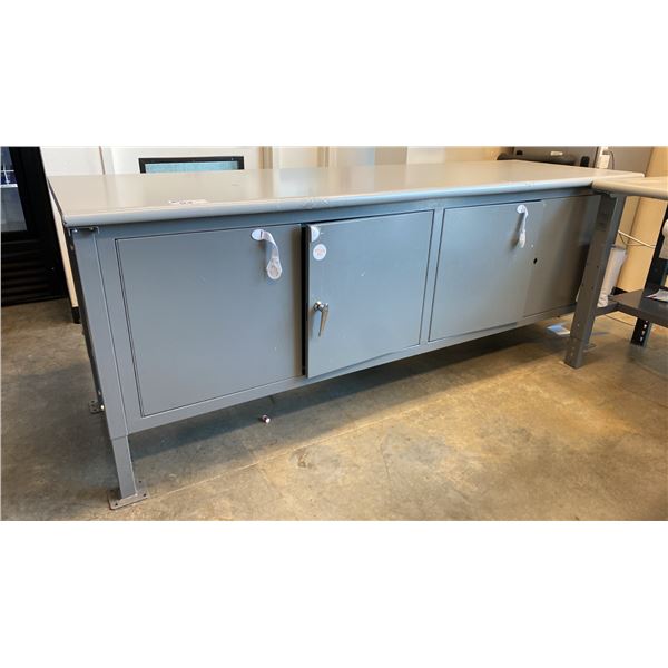 ULINE GREY 4 DOOR ADJUSTABLE HEIGHT WORK CABINET WITH ASSORTED CONTENTS- COFFEE PODS, GLOVES, PAPER