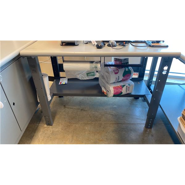 ULINE GREY 2 TIER ADJUSTABLE HEIGHT WORK TABLE APPROX 48"L X 30"D *CONTENTS NOT INCLUDED*