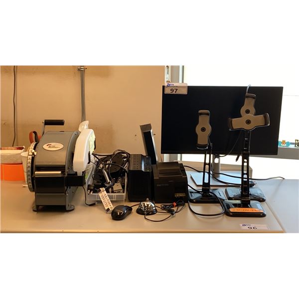 GROUP OF ASSORTED OFFICE ITEMS- WATER ACTIVATED TAPE DISPENSER, COMPUTER MONITOR, BACK-UPS600,