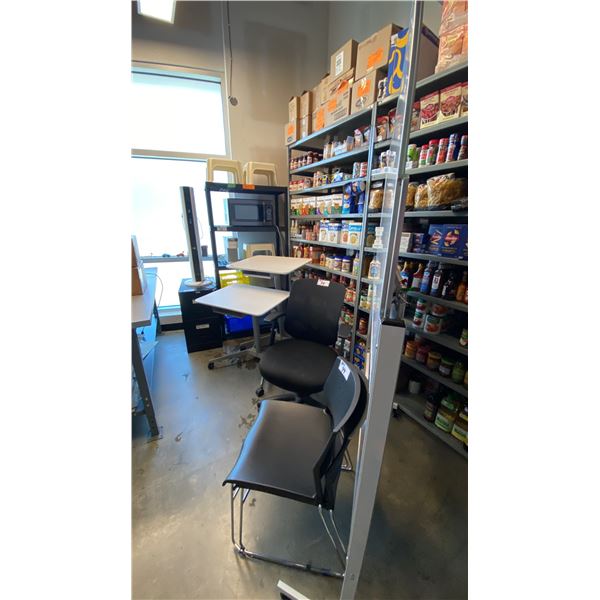 2 ADJUSTABLE HEIGHT MOBILE DESKS, OFFICE CHAIRS, LARGE MOBILE WHITEBOARD, MICROWAVE, KEURIG, LASKO