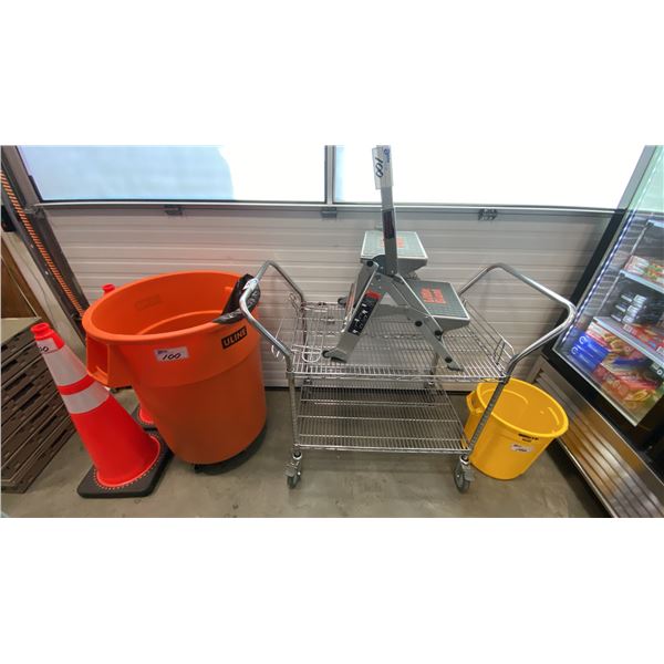 ULINE METAL 2 TIER CART, LITTLE GIANT STEP LADDER, ULINE MOBILE GARBAGE CAN, 2 PYLONS & SMALL