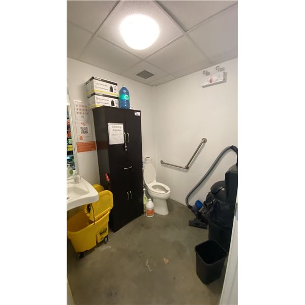 CONTENTS OF BATHROOM- MOP BUCKET, VACUUM, CLEANING SUPPLIES, CABINET, GARBAGE CAN & MORE