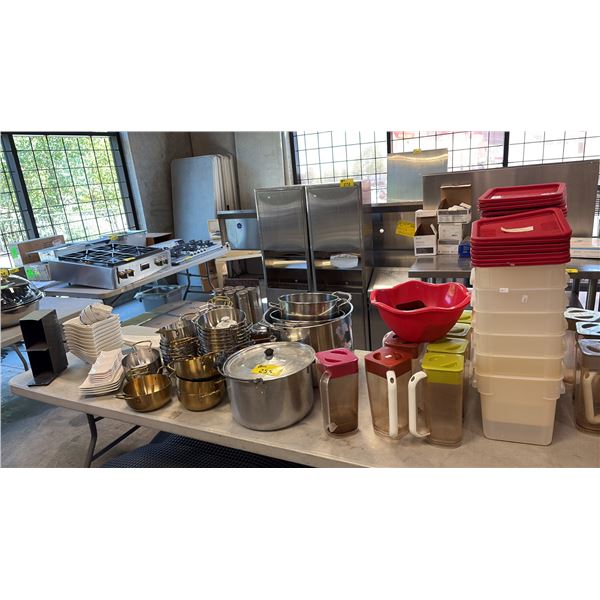 COMMERCIAL KITCHEN ITEMS INCL STACKED WHITE CERAMIC DISHES, KITCHEN ORGANIZERS AND MORE