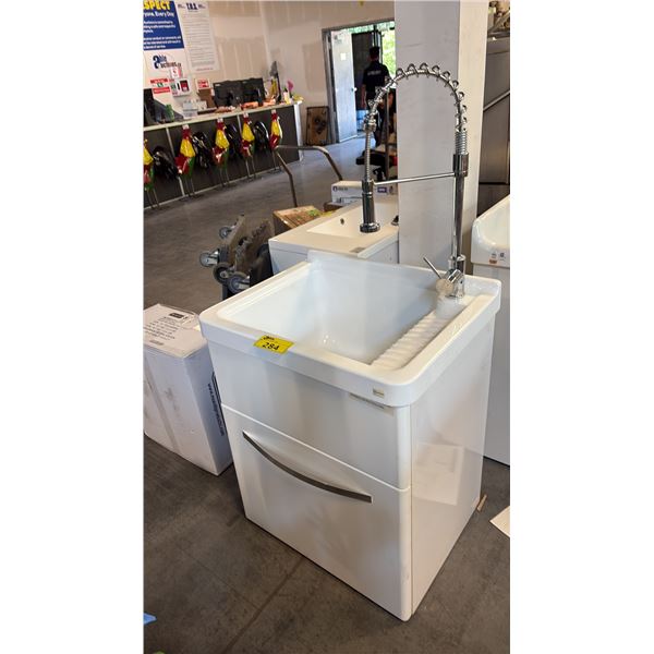 WHITE UTILITY LAUNDRY SINK W/ CABINET BASE D22" X W28" X H35"