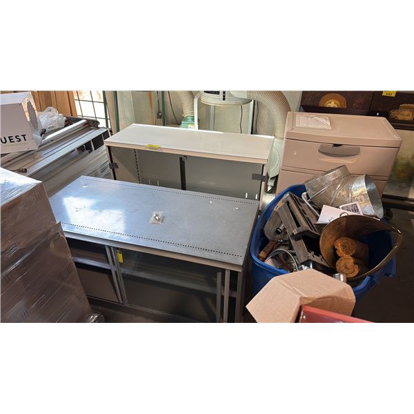 2 METAL SLIDING GLASS-DOOR CABINETS, 4-DRAWER PLASTIC STORAGE, PLUMBING FIXTURES AND MORE
