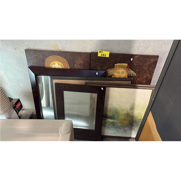 8PC MIXED WALL ART & MIRROR LOT - ELVIS, MONROE, FOLK ART AND PALETTE KNIFE PAINTING