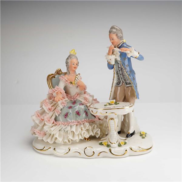 Dresden Lace Porcelain Figurine Depicting a Courtly Musical Scene