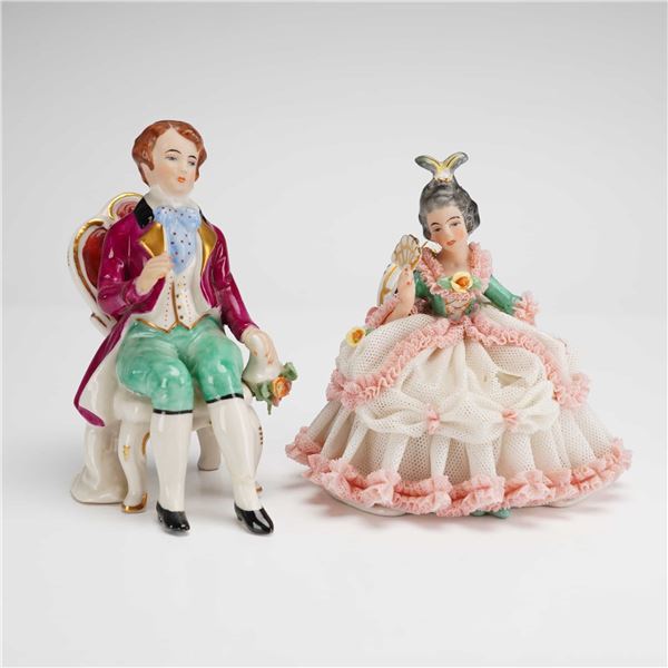 2pc Frankenthal Wessel Porcelain Lace Figurines