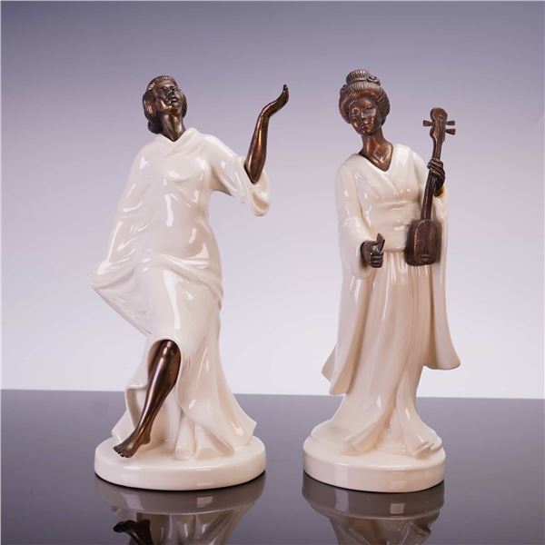 2pc Minton Bone China and Bronze Figurines, Grecian Dancer and Geisha