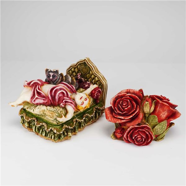 Two Harmony Kingdom Boxes, Justine and Catt and Double Red Rose