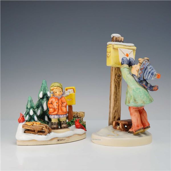 Three Goebel M.I. Hummel Winter Figurines and Scenic Display Base including A Letter to Santa Claus 