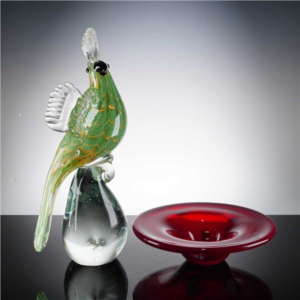 2pc Murano Hand-Blown Art Glass Cockatoo Figurine and Millefiori Bowl