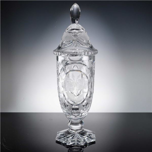 Bohemian Intaglio Cut and Etched Lead Crystal Lidded Urn