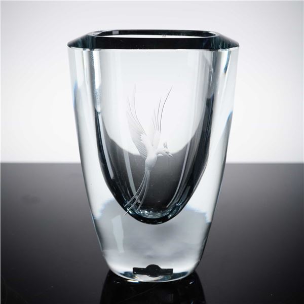Strombergshyttan Swedish Etched Phoenix Glass Vase