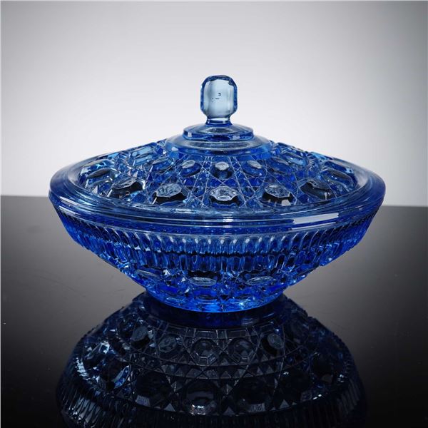 Indiana Glass Windsor Blue Button & Cane Lidded Candy Dish