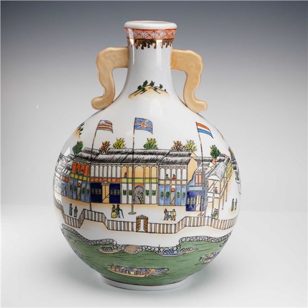 Chinese Porcelain Double-Handle Vase, View of Canton, China