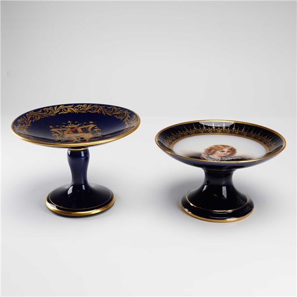 2pc Herbiniere Siroteau and Bavarian Style Cobalt Blue Porcelain Compote Dishes