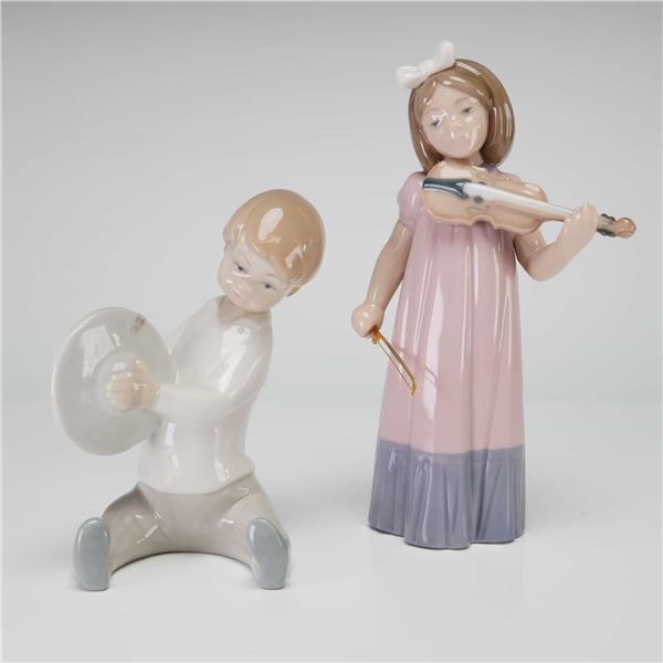 2pc Nao and Lladro Porcelain Figurines, Boy with Cymbals and Girl with Violin