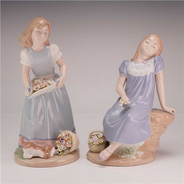 2pc Nadal Glazed Porcelain Figurines of Girls with Flowers
