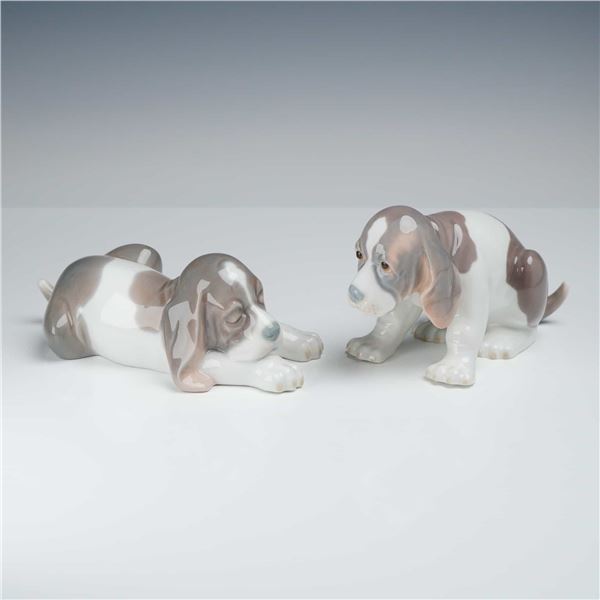 Two Lladro Porcelain Beagle Puppy Figurines, Sitting 01001071 and Lying 01001072