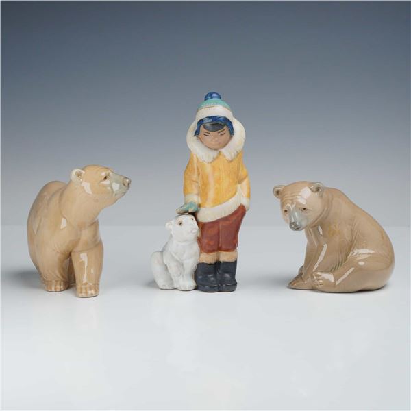 Three Lladro Porcelain Figurines, Eskimo Boy with Pet and Brown Polar Bears