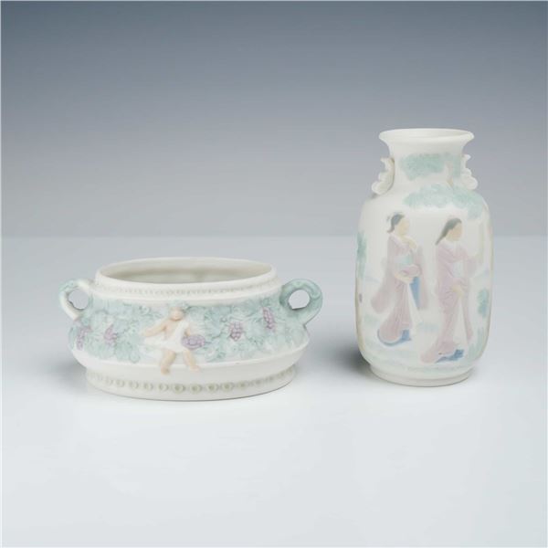 Two Lladro Miniature Bisque Porcelain Vase and Handled Dish