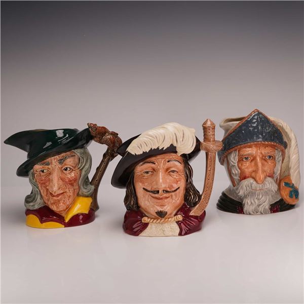 3pc Royal Doulton Character Jugs, The Pied Piper, Porthos, and Don Quixote