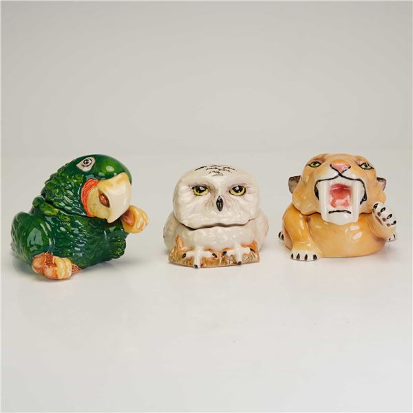 3pc Kevin Francis Lidded Face Pots, John the Parrot, Harold, and Claw the Sabre Tooth