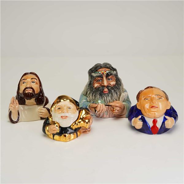 4pc Kevin Francis Lidded Face Pots, Jesus, The Wizard, Cub Santa, and Split Decision
