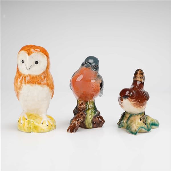 A Trio of Beswick Ceramic Bird Figurines Barn Owl, Chaffinch, and Wren