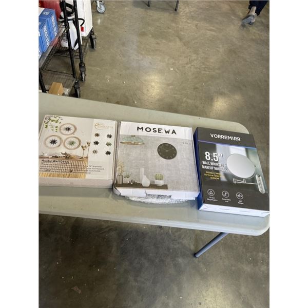 NEW 3PC RUSTIC WALL DECOR, NEW 8.5 WALL MOUNTED MIRROR AND NEW 14 INCH MODERN CLOCK