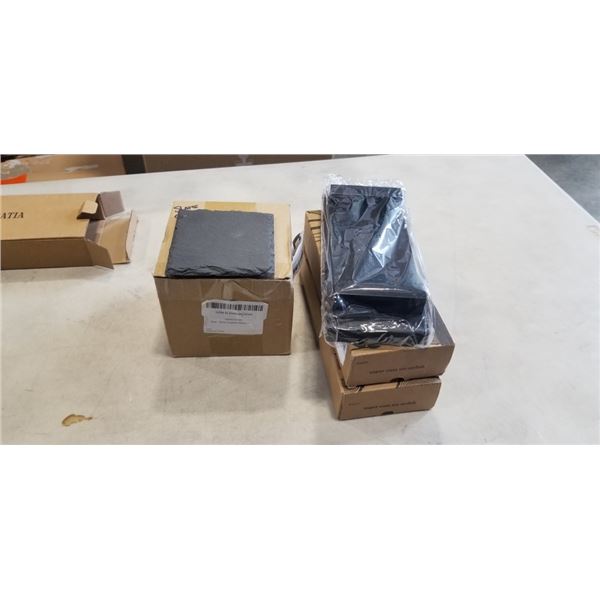 3 NEW WOODEN BATHROOM TRAYS AND SLATE COASTER SET