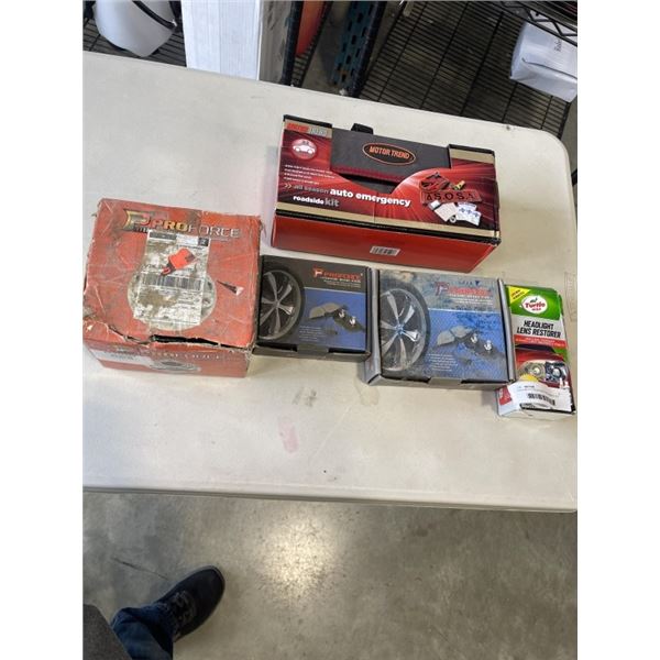 NEW MOTOTREND AUTO EMERGENCY KIT AND ASSORTED AUTOMOTIVE PARTS