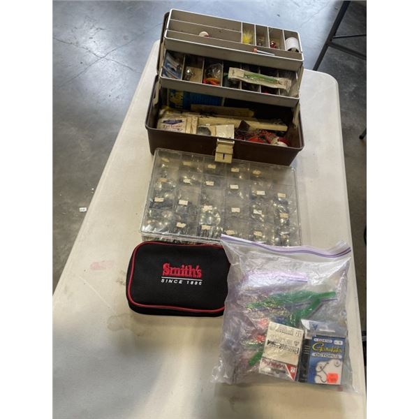 FISHING TACKLE BOX WITH CONTENTS AND ORGANIZER OF SPOONS, FLY TYING GEAR ETC