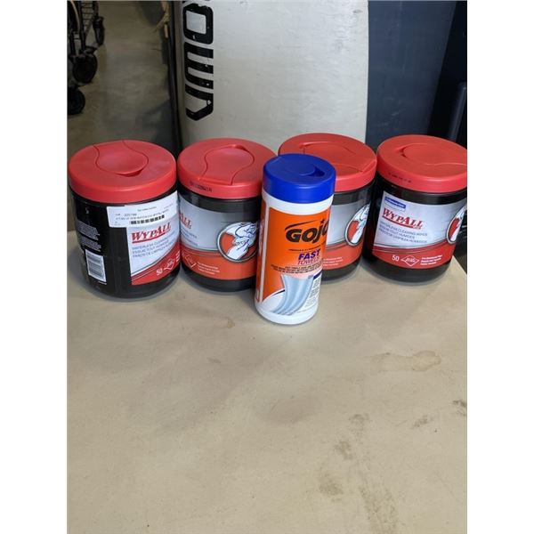 4 TUBS OF NEW WATERLESS WYPALL WIPES AND GOJO WIPES