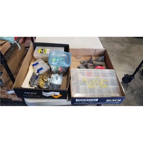 2 TRAYS OF FISHING TACKLE, WEIGHTS AND FLASHERS ETC