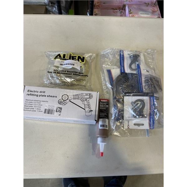 ELECTRIC DRILL REFITTING PLATE SHEARS AND LOT OF NEW HOOKS, LAMINATE FILLER, ETC