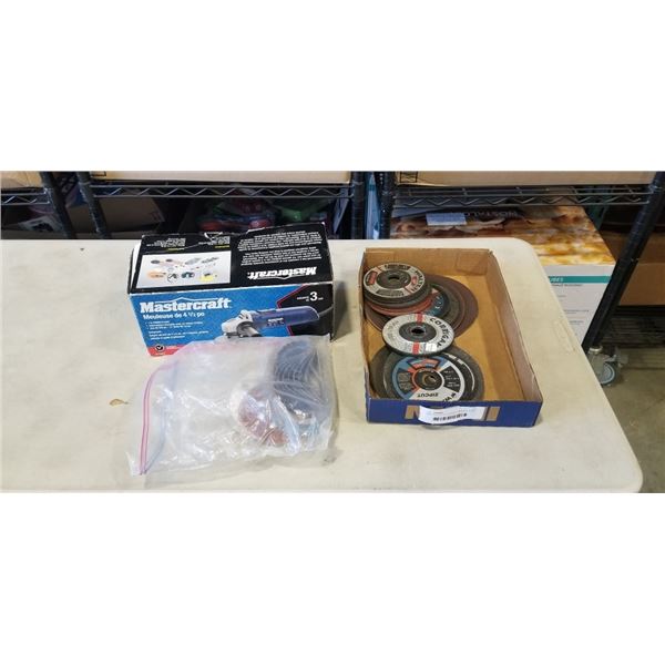 MASTERCRAFT4-1/2 ANGLE GRINDER, WITH ASSORTED BLADES AND PADS ETC