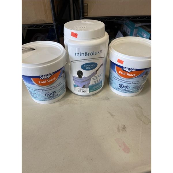 3 NEW CONTAINERS OF POOL CHEMICALS POOL SHOCK AND MINERALUXE ADVANCE STICKS
