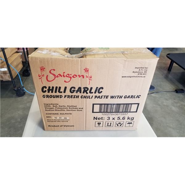 NEW CASE OF SAIGON CHILI GARLIC SAUCE, 3 5.6KG TUBS