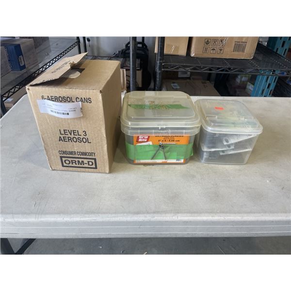 LOT OF AEROSOL PAINT, DRYWALL SCREWS AND HOSE REPAIR KITS